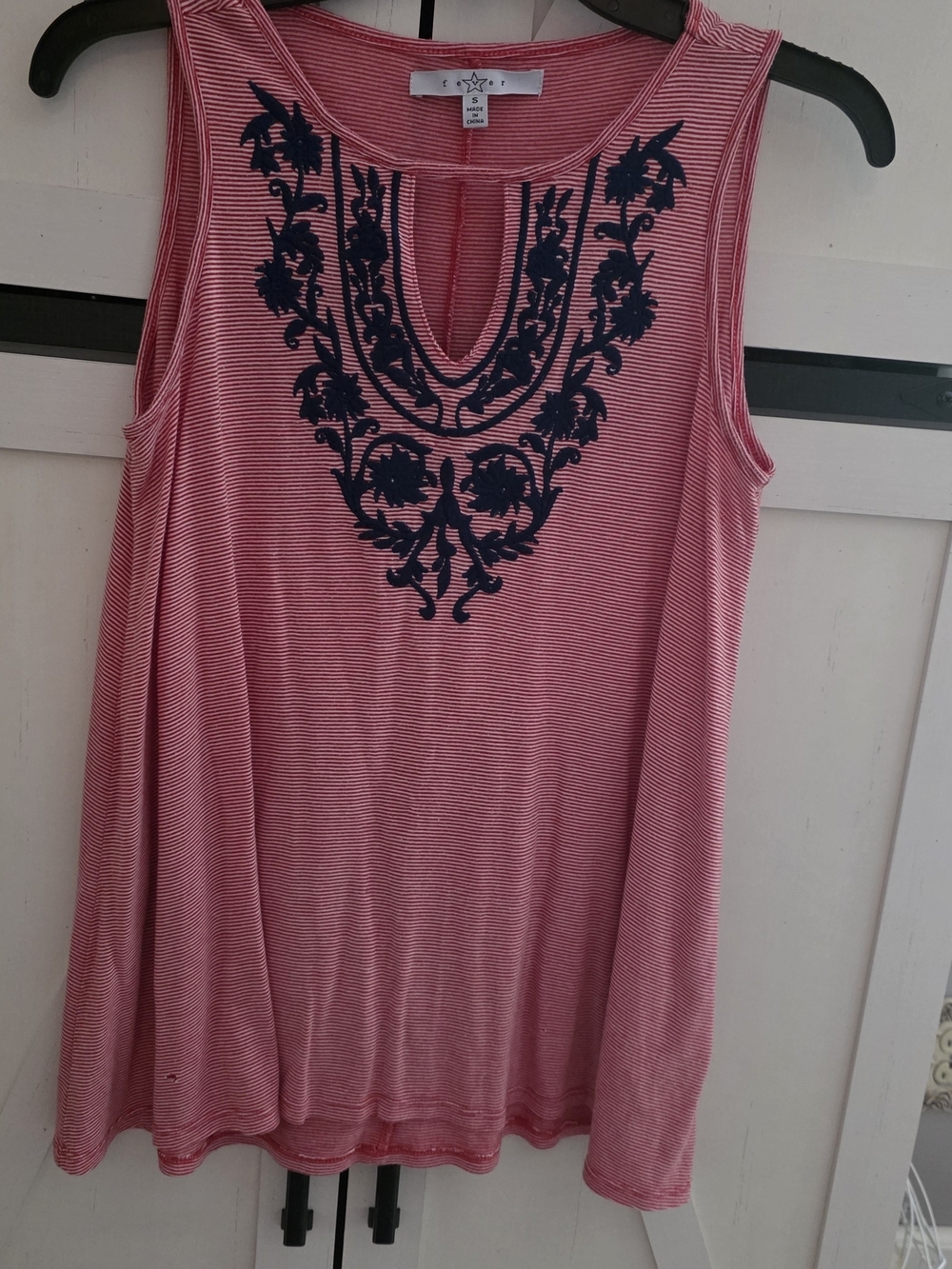 Fever Pink Striped Tank with Navy Embroidered Neckline